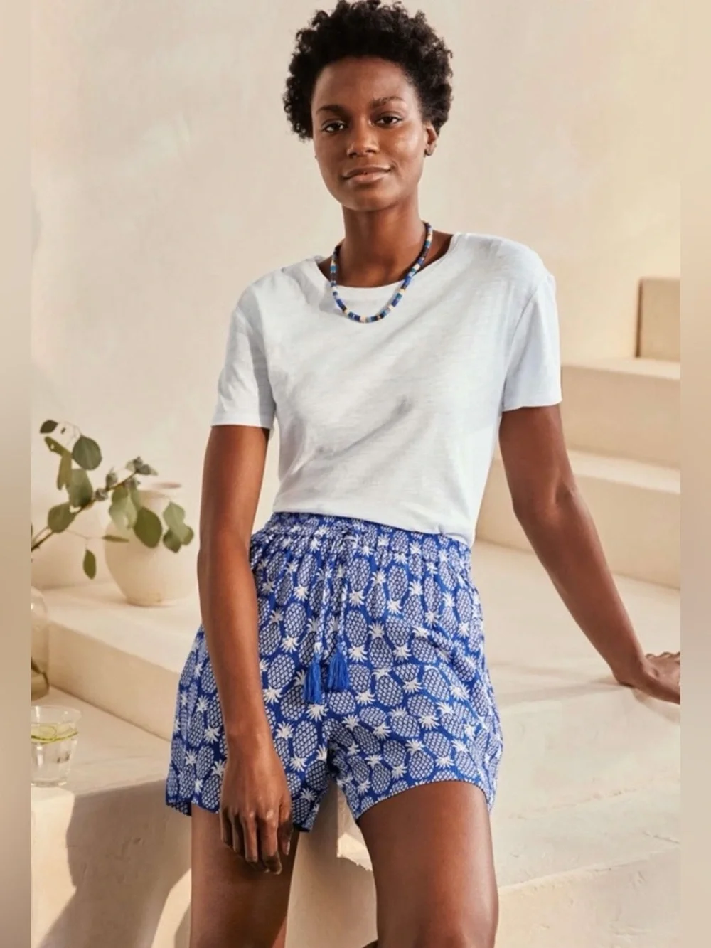 Boden Bembridge Blue Pineapple Shorts, Pull On Crinkle Fabric, Tassels